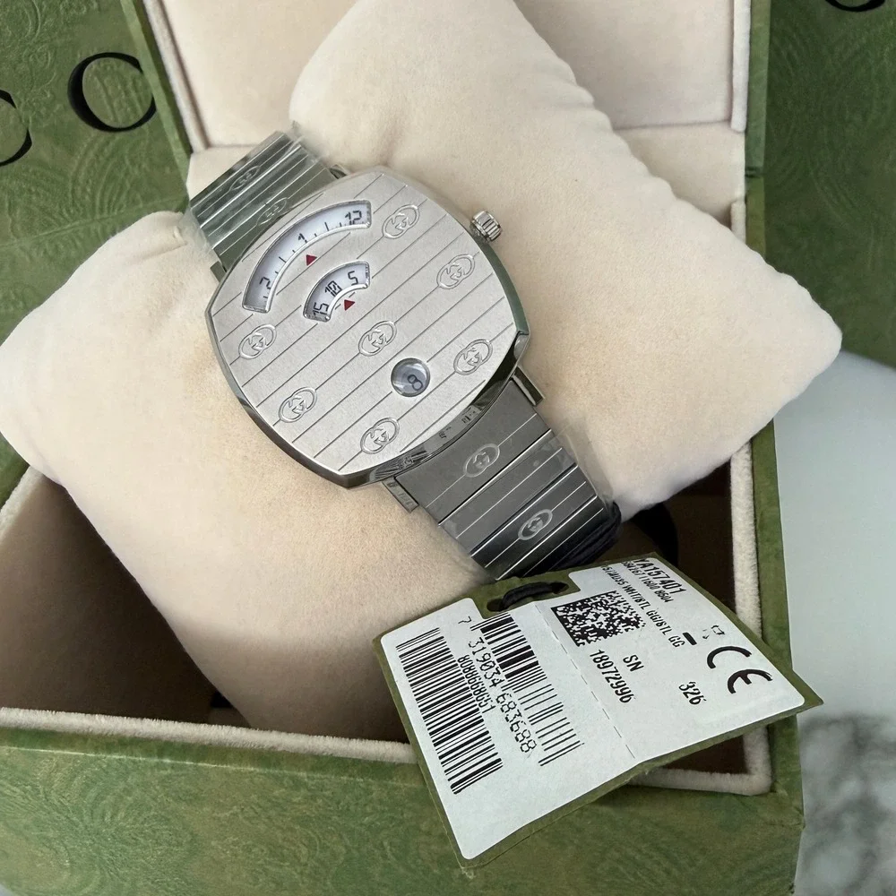 Gucci Grip Watch YA157401 Stainless Steel Silver Logo Engraved Swiss Made 38mm